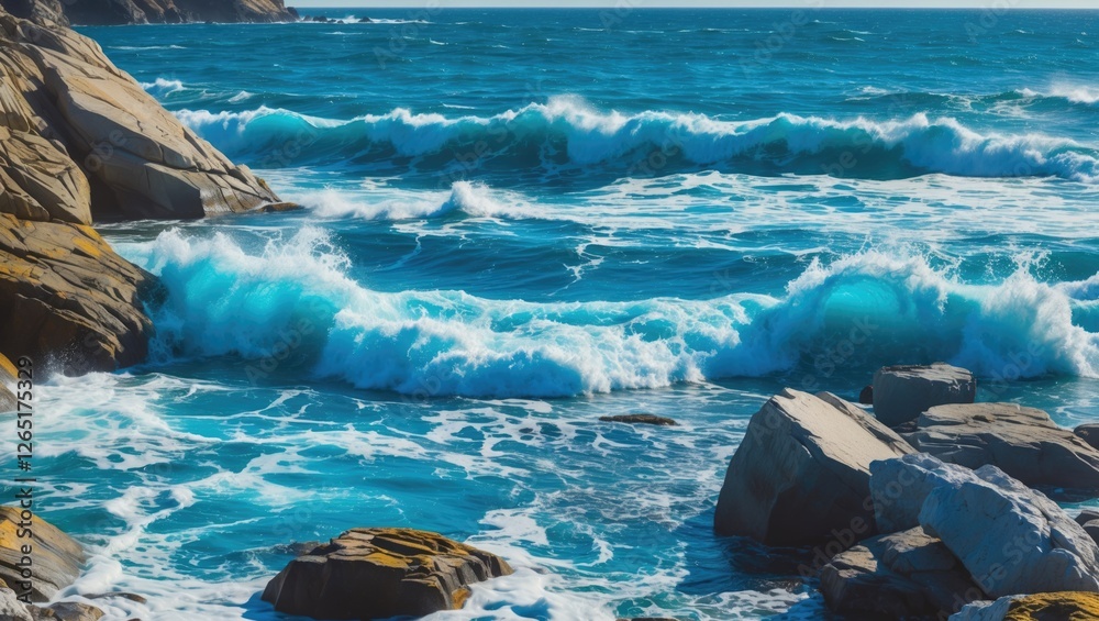 Poster waves crashing on rocky coastline under bright blue sky with clear water and foam creating dynamic o