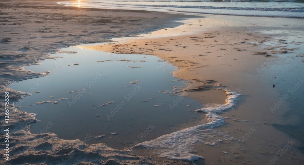Poster Reflection of sunset on wet sand at beach with gentle waves and shallow water creating natural patterns Copy Space