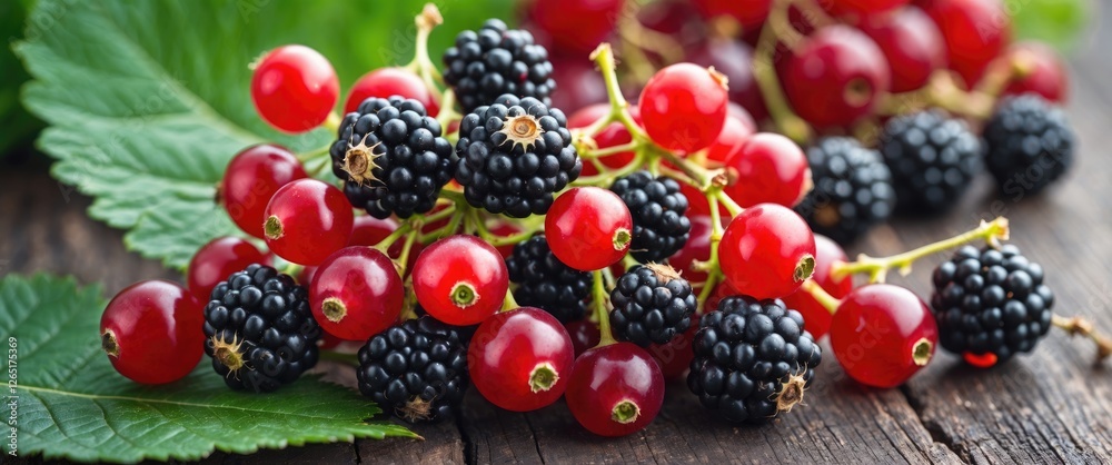Poster fresh blackberries and red currants displayed on rustic wooden background with green leaves copy spa