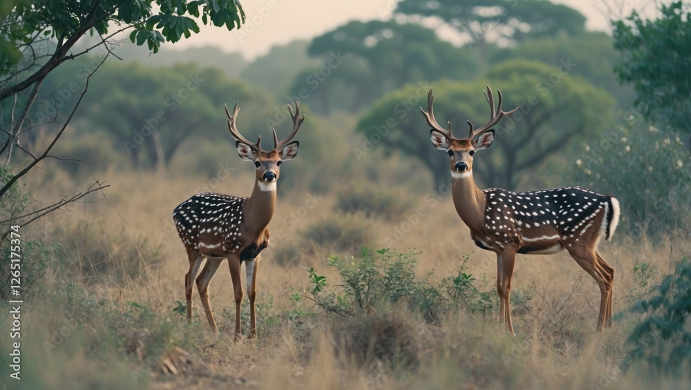 Poster two spotted deer with antlers standing in a grassy field surrounded by trees and soft evening light 