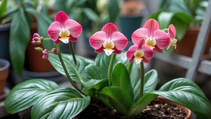 Pink orchid flowers in a pot surrounded by green leaves with blurred background of other potted plants Copy Space