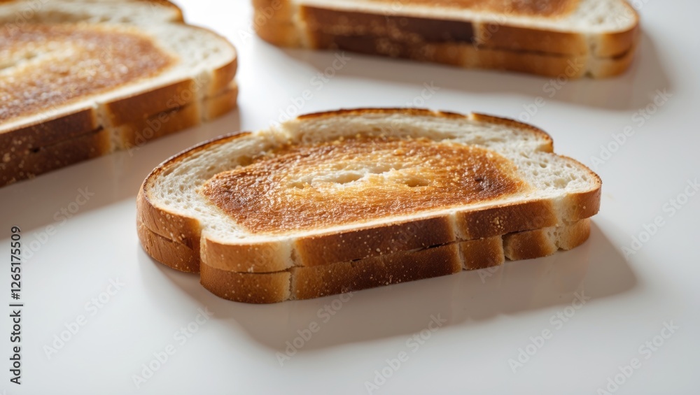 Poster toasted bread slices arranged on a white surface with a focus on golden brown texture and detail cop