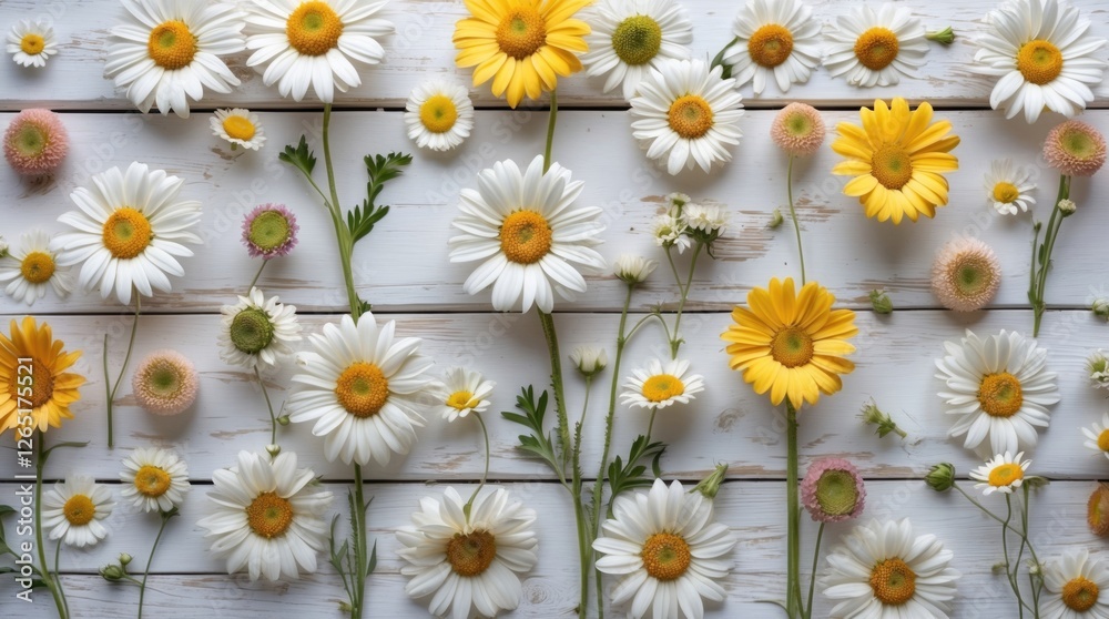 Poster assorted white and yellow daisies arranged on a wooden background with ample copy space for text pla