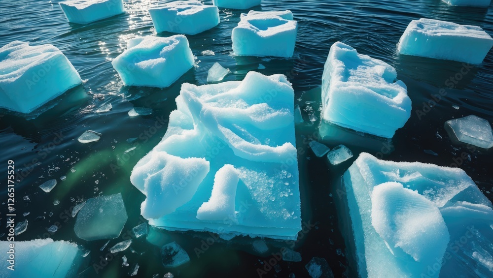Poster floating icebergs in a clear blue ocean with sunlight reflecting on the water surface and scattered 