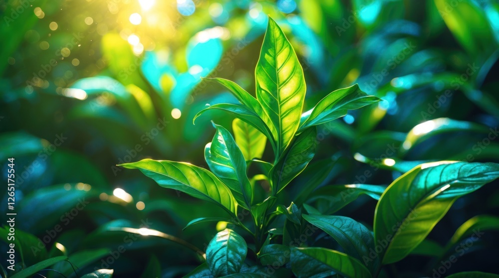 Poster Close-up of vibrant green leaves in sunlight with soft bokeh background Copy Space