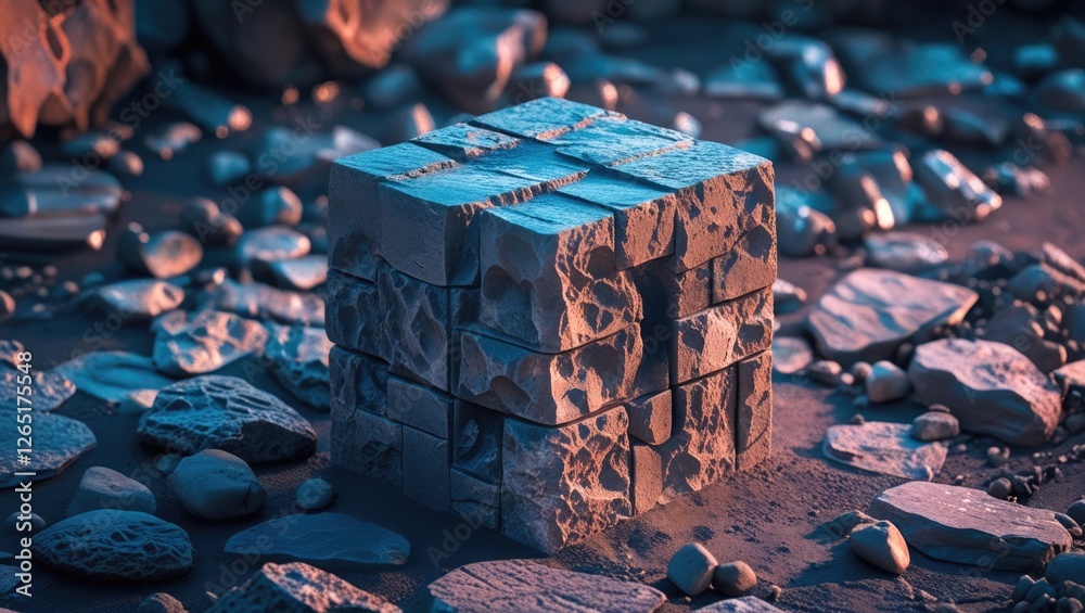 Poster Textured stone cube surrounded by pebbles in low light environment with blue and orange hues Copy Space