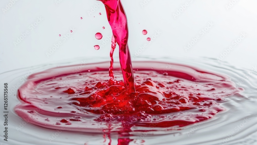 Aufkleber Red liquid pouring into water creating ripples and splashes with bubbles on a light background Copy Space
