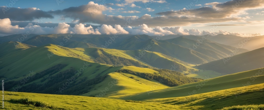 Poster mountain landscape with rolling green hills under a blue sky with clouds and sunlight creating shado
