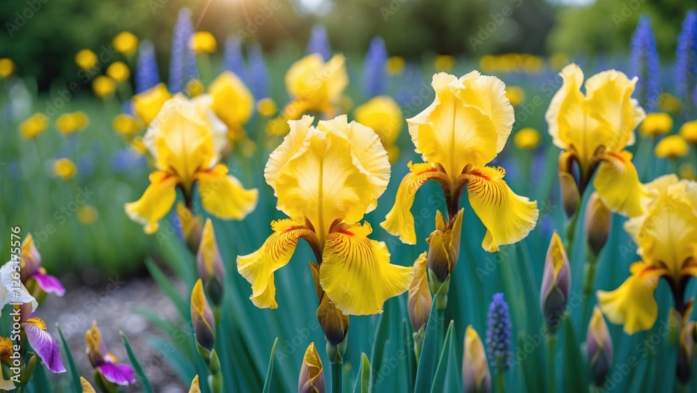 Poster yellow iris flowers in bloom with vibrant green foliage in garden setting during sunny day with blur