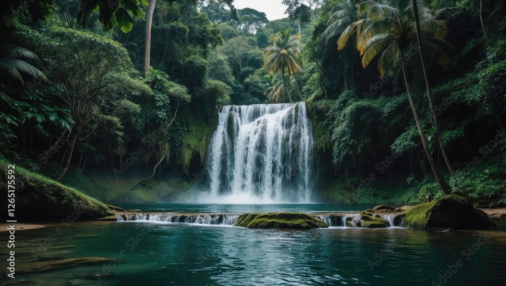 Poster lush tropical waterfall cascading into serene turquoise pool surrounded by dense green jungle with p