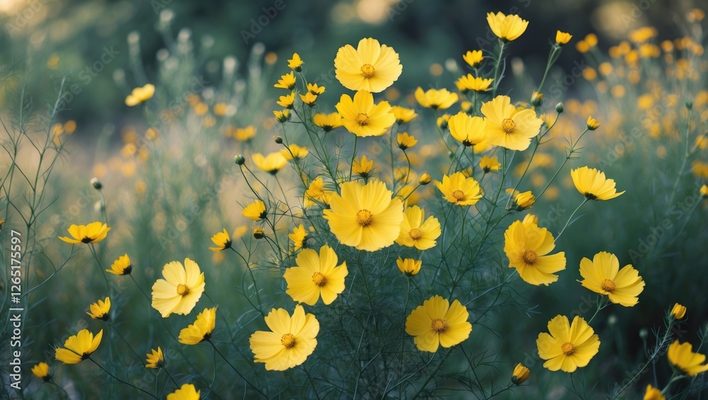 Poster bright yellow flowers in a field with green foliage and soft bokeh background showcasing nature's be