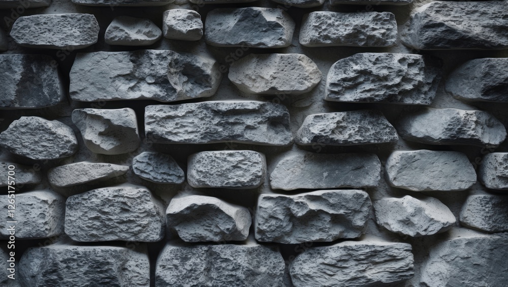 Poster Textured stone wall background with various shapes and sizes of gray stones arranged neatly, suitable for design and construction themes. Copy Space