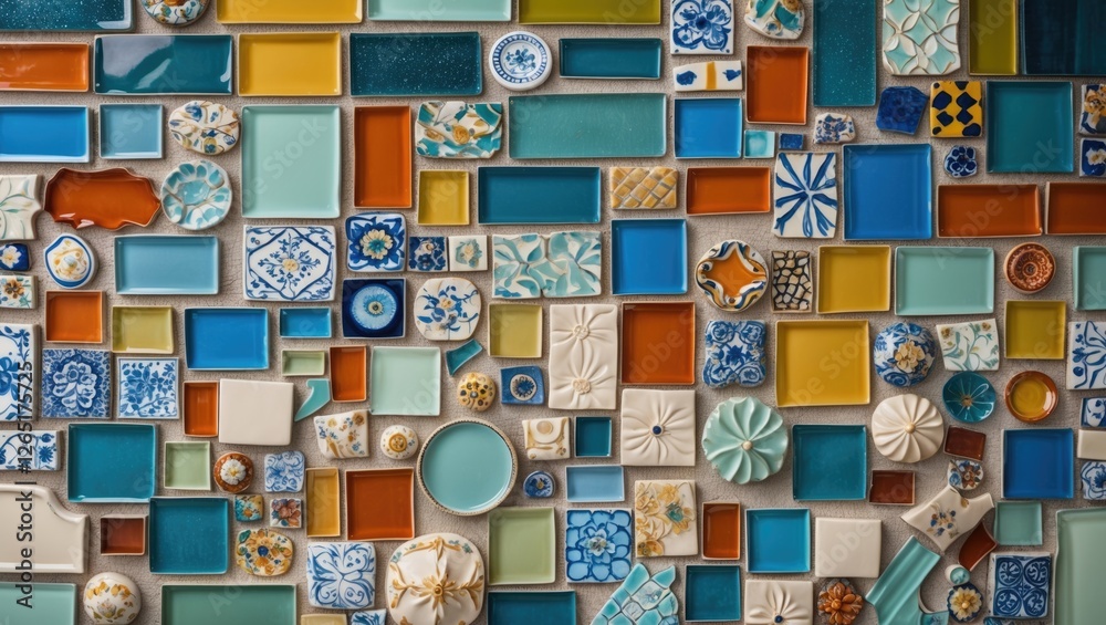 Aufkleber Colorful mosaic of ceramic tiles in various shapes and patterns arranged on a wall with vibrant hues and design elements Copy Space