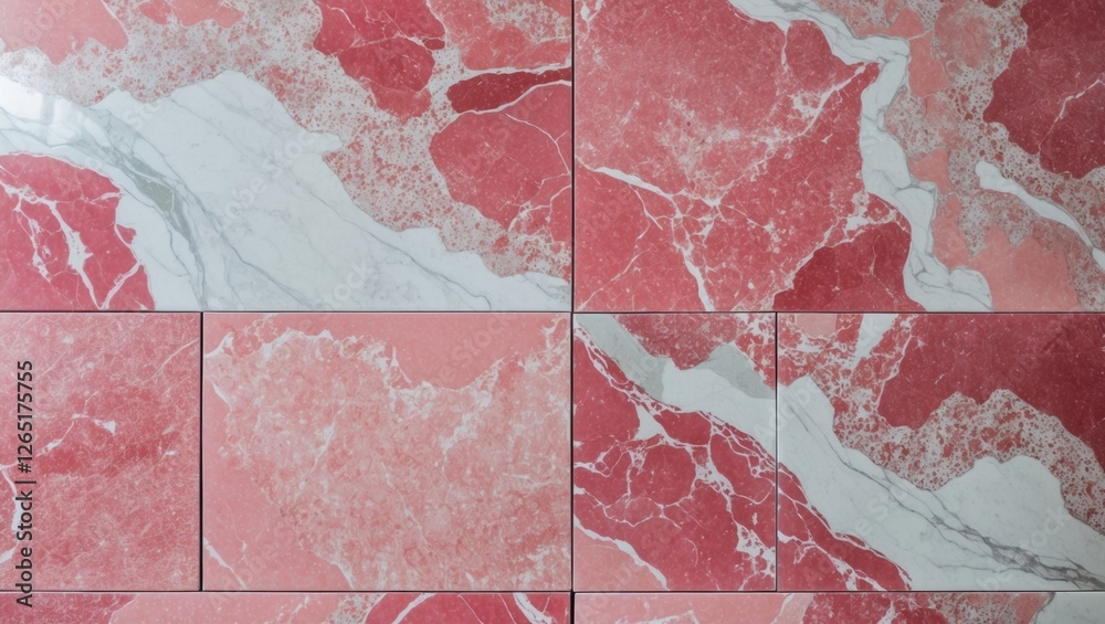Aufkleber Red and white marble tiles with intricate patterns arranged in a grid pattern providing texture and detail Copy Space