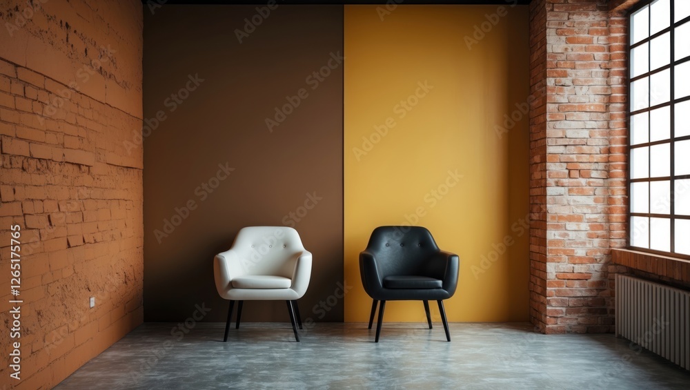 Poster modern interior with two stylish armchairs in a minimalistic setting featuring brown and yellow wall