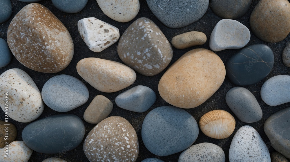 Poster Various textured stones and pebbles on a dark surface with one seashell among them Copy Space
