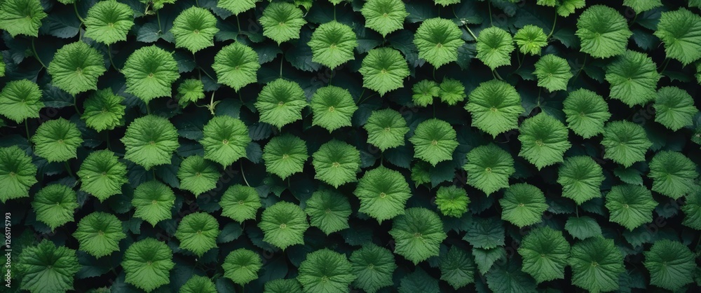 Poster dense green foliage wall with various shapes of leaves creating a lush natural background ideal for 