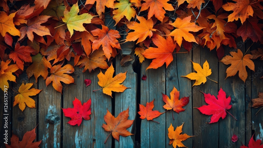Poster Autumn leaves in vibrant colors scattered on a rustic wooden surface with Copy Space for text placement