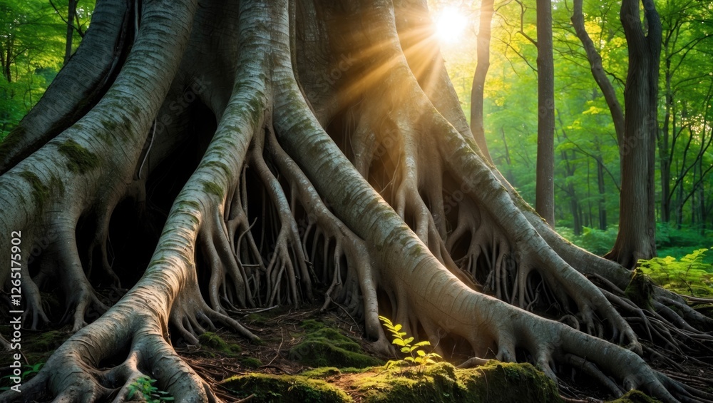 Aufkleber Large tree roots in a lush green forest with sunlight filtering through trees surrounding the roots Copy Space
