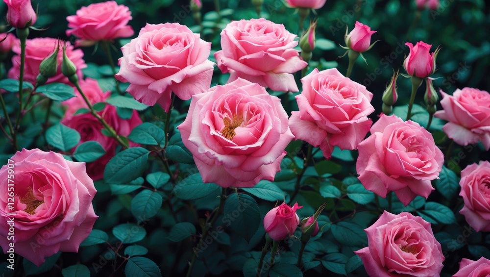 Poster pink roses in full bloom surrounded by lush green foliage creating a vibrant garden scene with copy 