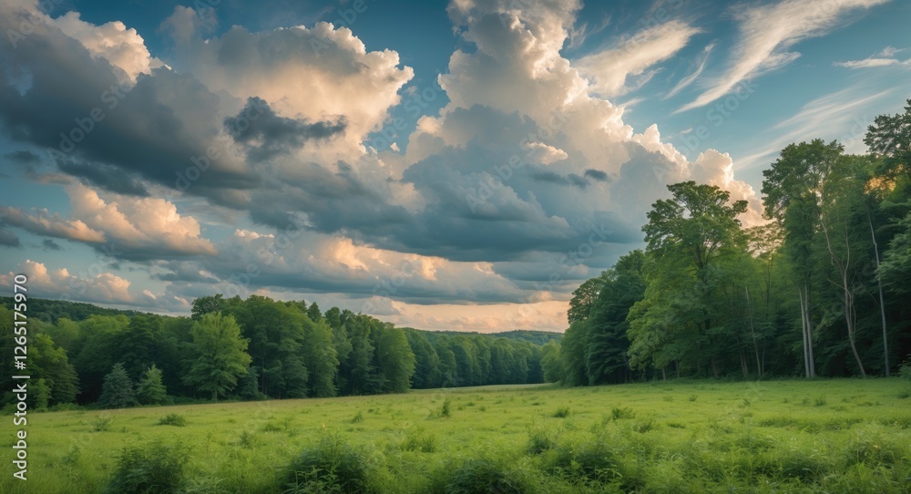 Poster lush green meadow surrounded by trees under a dramatic sky filled with clouds copy space