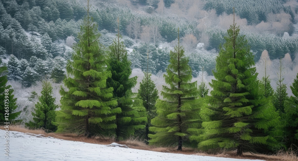 Poster lush green coniferous trees with snow-covered ground in a serene winter landscape with forested hill