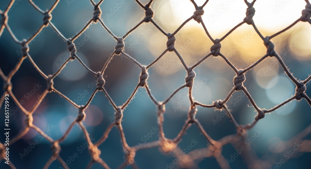 Aufkleber Close-up of textured fishing net with sunlight bokeh in the background creating an abstract effect Copy Space