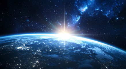 Earth with Europe and surrounding view at night, starry sky background, dark blue color theme