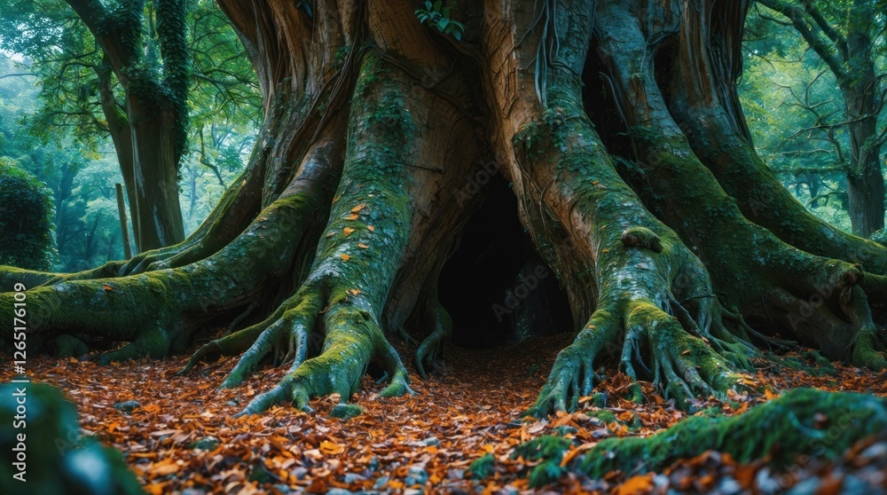 Poster Ancient tree with large twisted roots in a forest covered in autumn leaves and moss creating a mystical atmosphere Copy Space