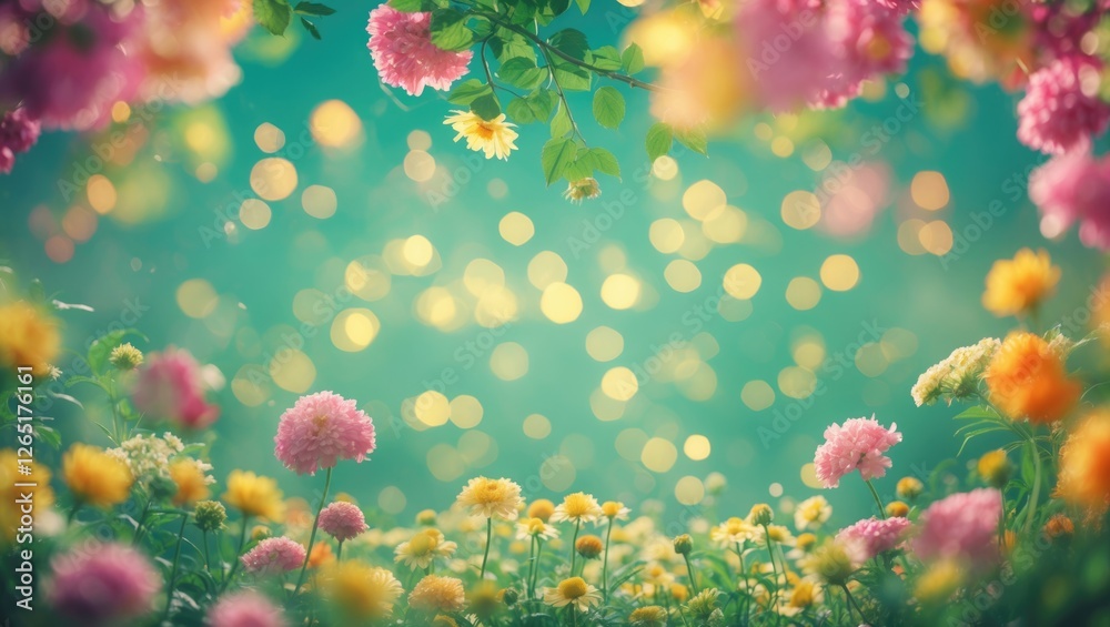 Aufkleber Colorful flower field with soft bokeh background and green foliage providing natural light and depth with copy space for text