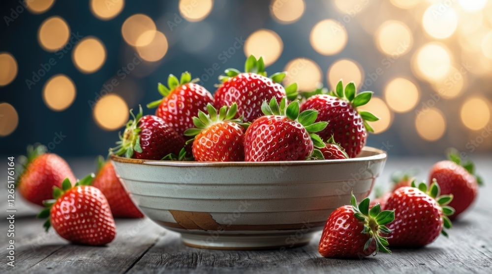 Aufkleber Fresh ripe strawberries in a bowl surrounded by scattered strawberries on a rustic wooden table with blurred bokeh background Copy Space