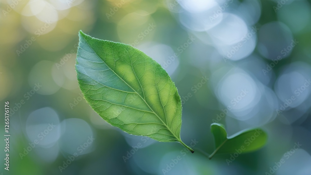 Poster Close-up view of a green leaf with intricate details on a blurred bokeh background natural light Copy Space