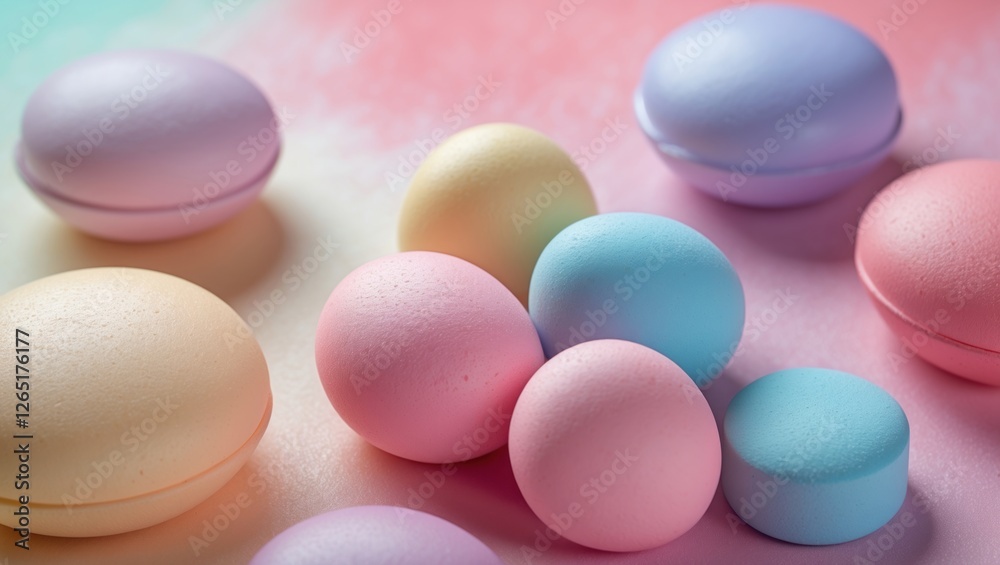 Poster Pastel colored eggs and macarons arranged on a lightly colored surface with soft lighting and smooth textures Copy Space