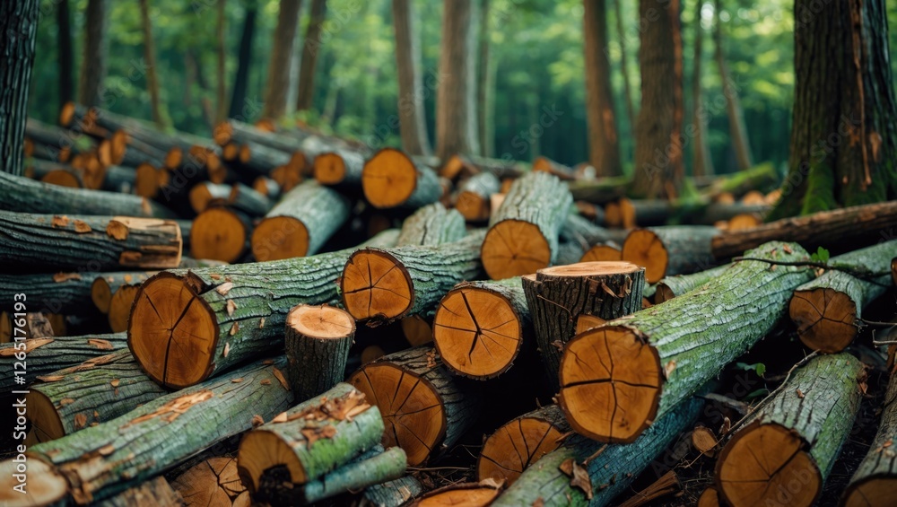 Aufkleber Log pile in forest with cross-sections of cut trees stacked on ground surrounded by greenery and natural light Copy Space