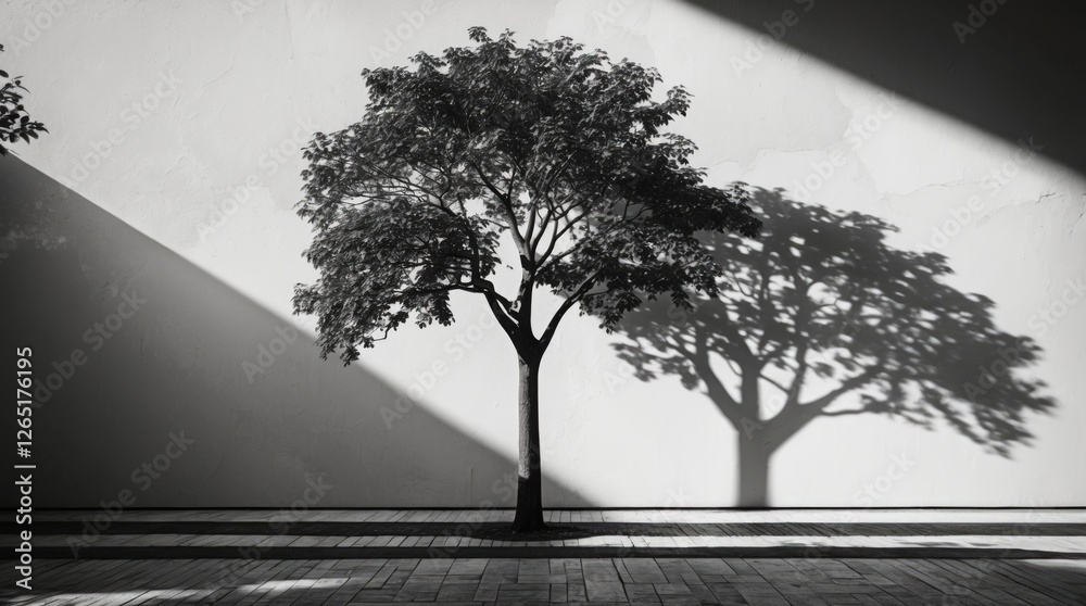 Poster Black and white image of a single tree casting a dramatic shadow on a textured wall with angular light patterns and copy space