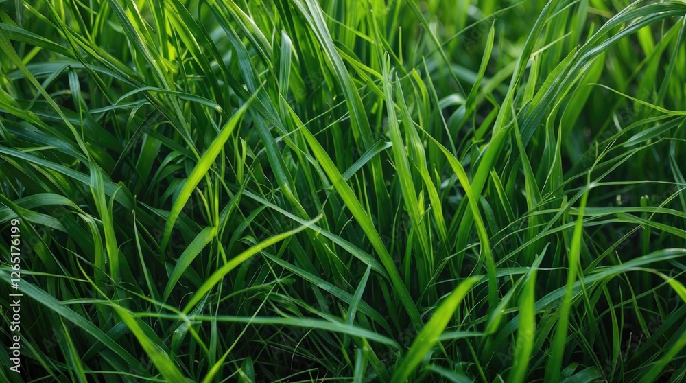 Poster lush green grass blades close-up with sunlight highlighting their texture and depth natural backgrou