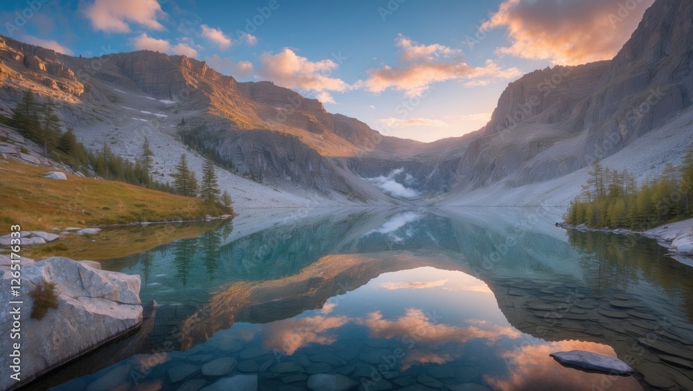 Poster mountain lake landscape with reflections at sunset in a serene environment with rocky shores and pin