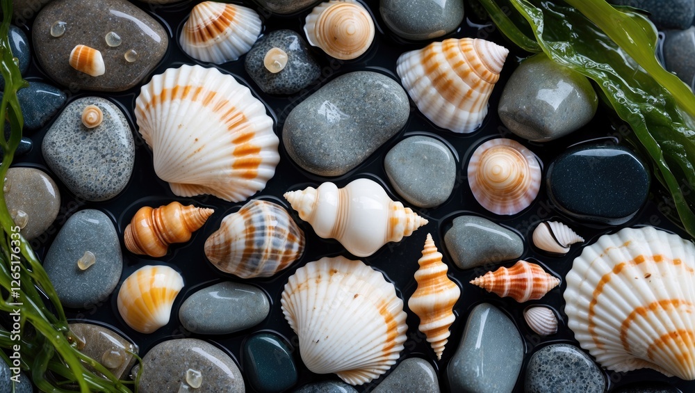 Poster Colorful seashells and smooth pebbles arranged on a dark surface with seaweed in the background Copy Space