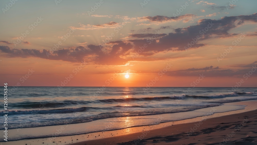 Poster sunset over calm ocean waves with sandy beach shoreline and colorful sky reflecting evening light co