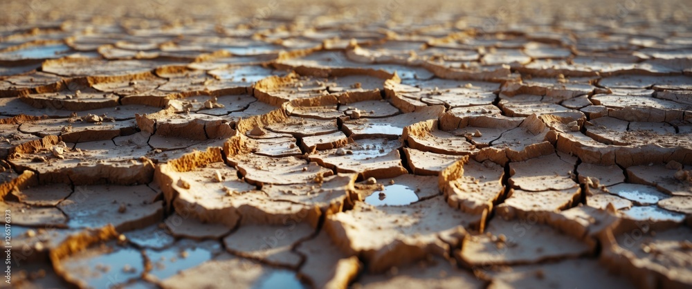 Poster dry cracked earth with small puddles of water in between, showing patterns of drought and degradatio