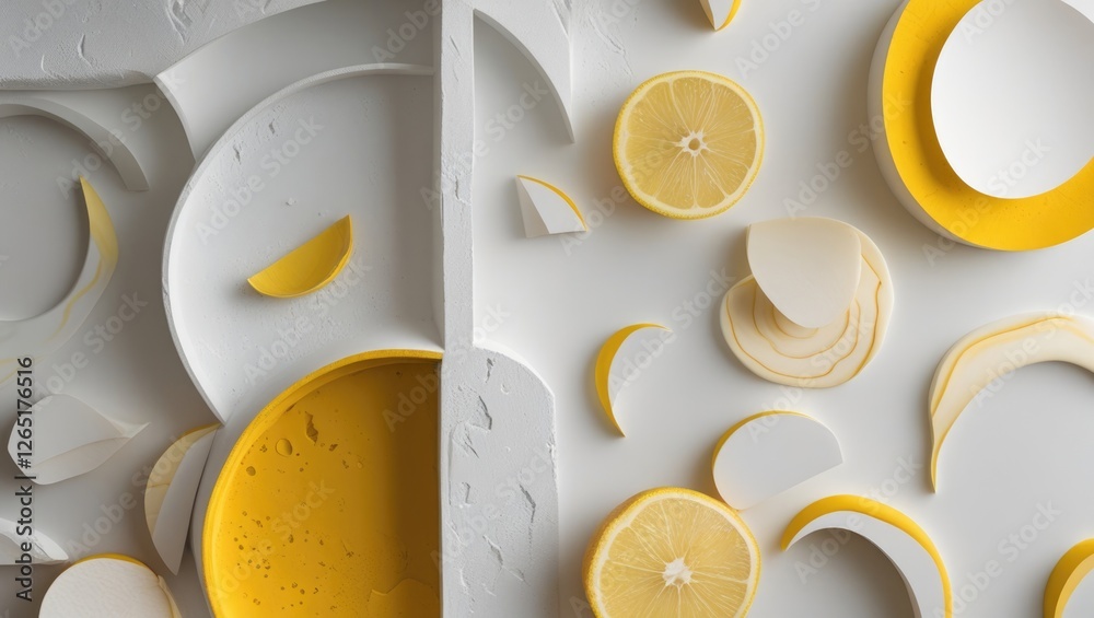Aufkleber Abstract composition of circular shapes and lemon slices on a textured white background with bright yellow accents and copy space.