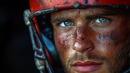 Intense American football player in helmet, focused and determined, embodies strength and resilience.