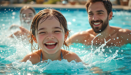 Happy family enjoying a summer day splashing in a swimming pool, parents and daughter having fun in the water