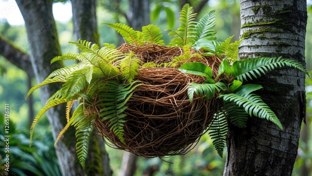 Aufkleber Nest made of twigs and filled with green ferns hanging from a tree branch in a lush forest environment with natural light and blurred background