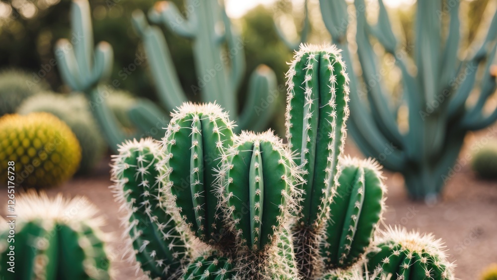 Poster Group of green cacti with spines in a desert landscape with blurred background and sufficient copy space for text insertion