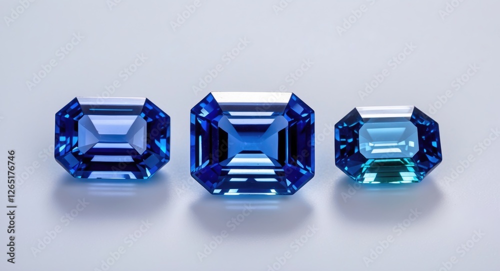 Poster Three elegant blue gemstones of varying sizes displayed on a clean surface with soft lighting and shallow depth of field Copy Space