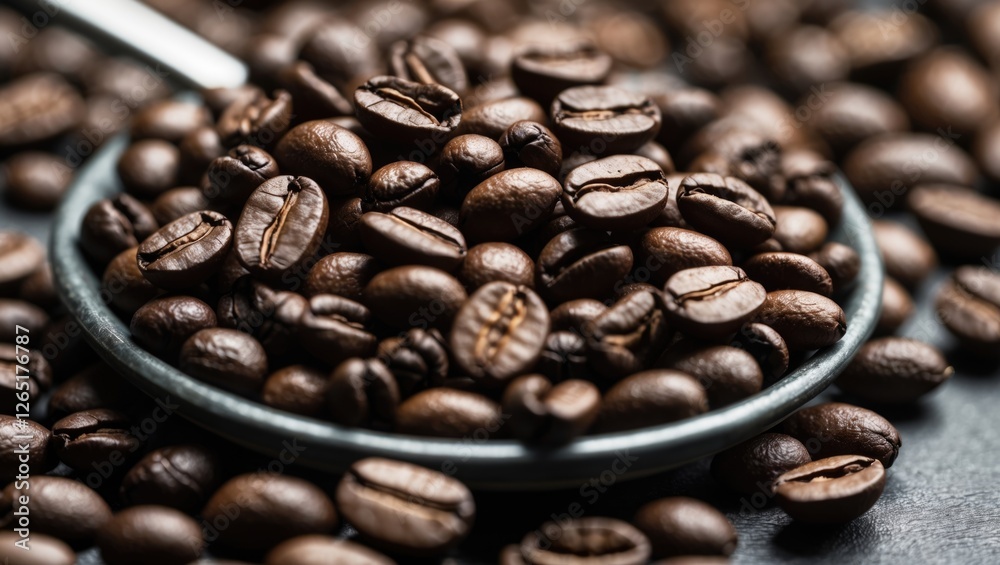 Poster close-up view of roasted coffee beans in a metal spoon on a dark background with room for text copy 