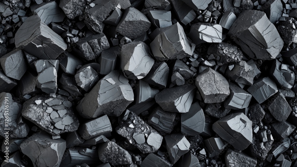 Poster black mineral rock texture background with varying shapes and sizes suitable for industrial or geolo