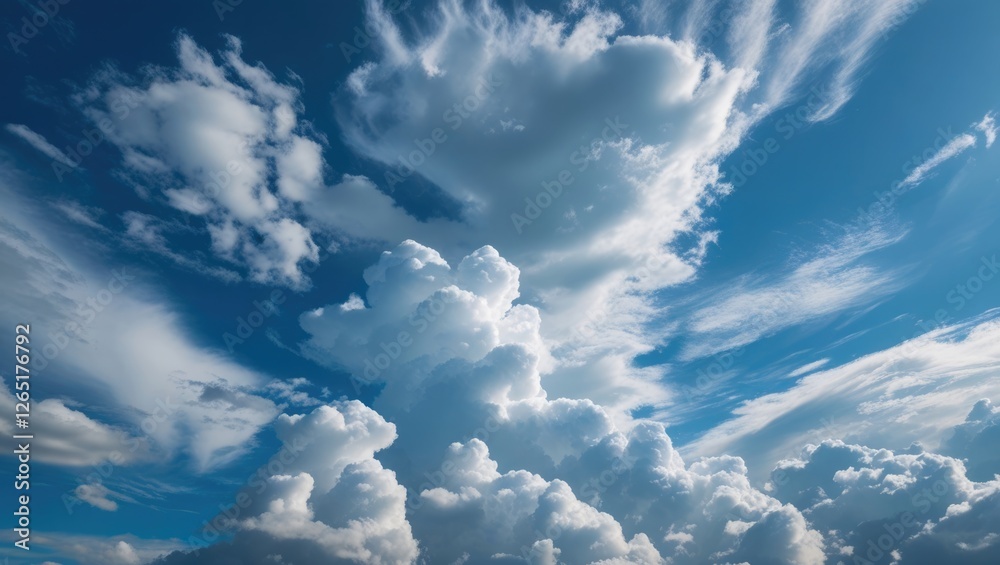 Poster cloud formation with blue sky and white cumulus clouds on a clear day providing copy space for text 