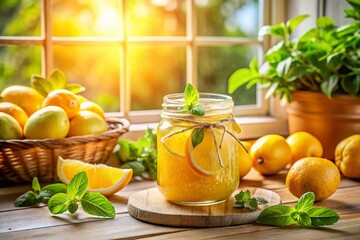 Sunlit Lemon Marmalade Jar with Lemons and Basil: Homey Comfort Stock Photo